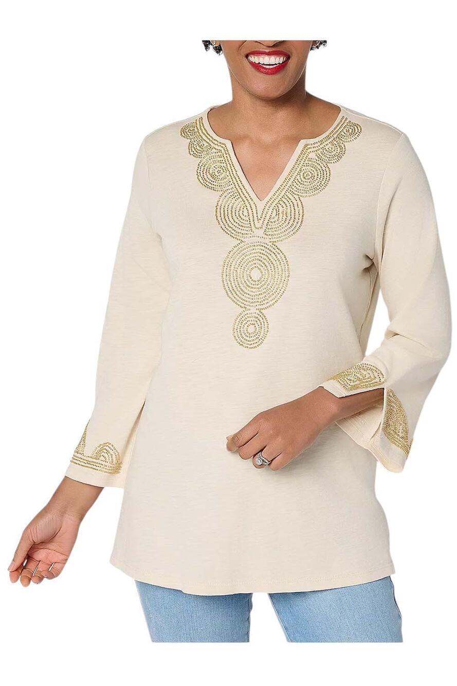 Bellisima Women's Slub Knit Boutique Beaded Tunic Sand Bar/Gold - Petite